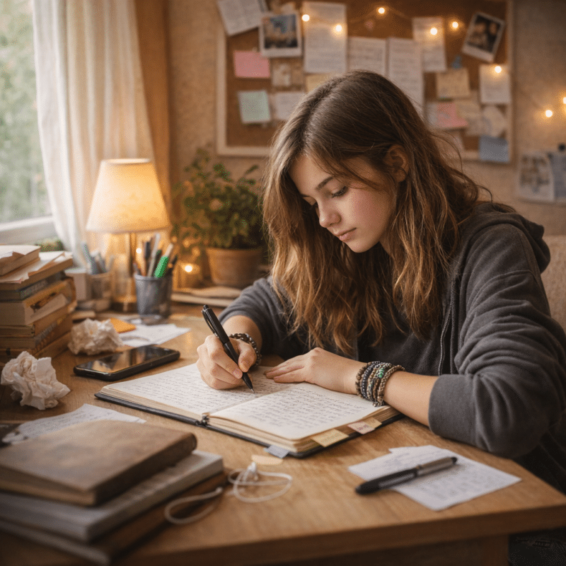 Jeune fille concentrée à son bureau