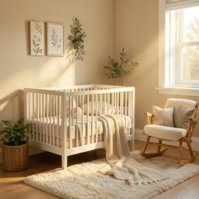 Chambre bébé beige avec commode à langer en bois clair, mobile décoratif et lumière douce tamisée