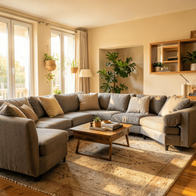 Chambre bébé naturel avec lit en bois clair, panier en rotin et murs beige chaleureux