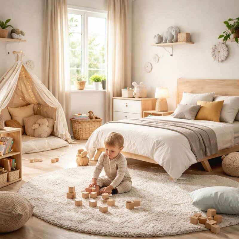Chambre enfant lumineuse aux tons naturels avec un lit en bois, des jouets rangés et une décoration chaleureuse