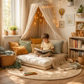 Coin lecture enfant douillet avec une pancarte en bois, des coussins colorés et une petite bibliothèque basse dans une chambre de bébé
