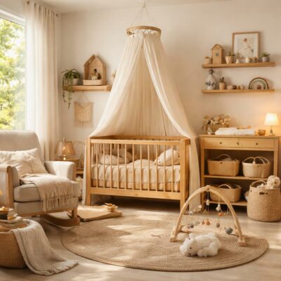 Chambre bébé cosy avec lumière douce, tapis moelleux et mobile décoratif pastel — déco maternité chaleureuse
