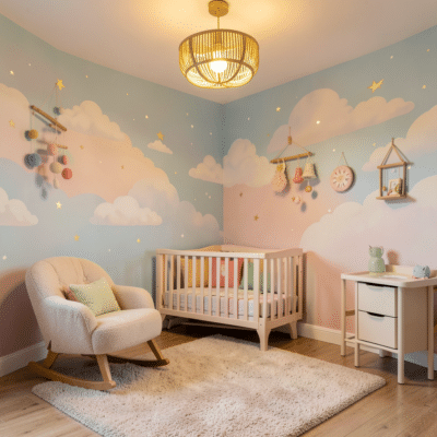 Une chambre de bébé avec des murs peints en bleu pastel et des accessoires doux en tissu