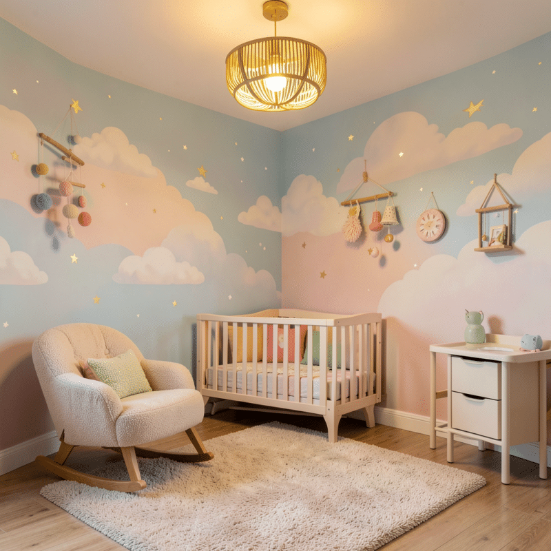 Une chambre de bébé avec des murs peints en bleu pastel et des accessoires doux en tissu