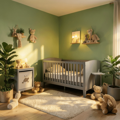 Chambre bébé avec décoration murale moderne, espace de jeu sécurisé, éclairage doux et couleurs pastel