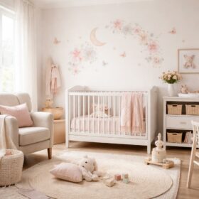 Chambre bébé fille décorée en tons rose poudré et blanc avec un lit à barreaux en bois et des guirlandes lumineuses douces