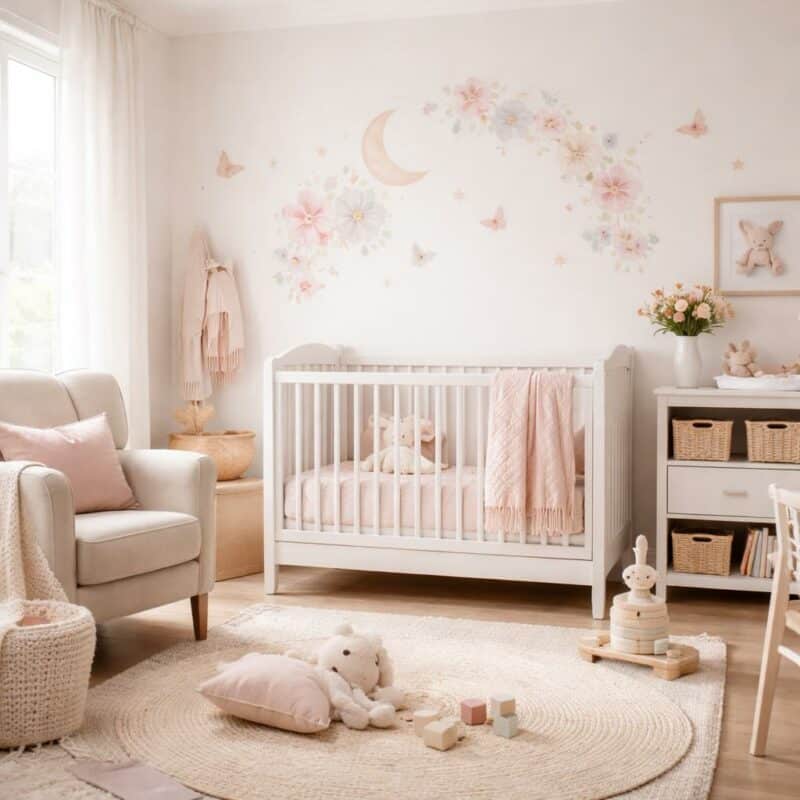 Chambre bébé fille décorée en tons rose poudré et blanc avec un lit à barreaux en bois et des guirlandes lumineuses douces
