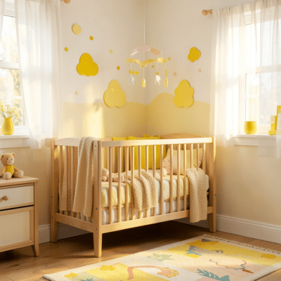 Chambre bébé en jaune et blanc avec des motifs de soleil, des rideaux en lin et un mobilier en bois clair