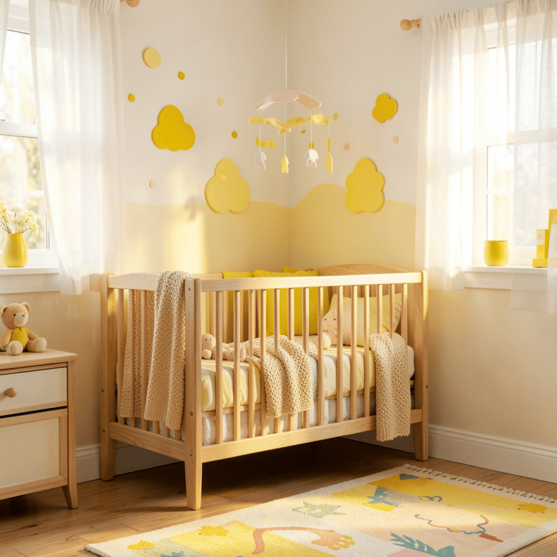 Chambre bébé en jaune et blanc avec des motifs de soleil, des rideaux en lin et un mobilier en bois clair