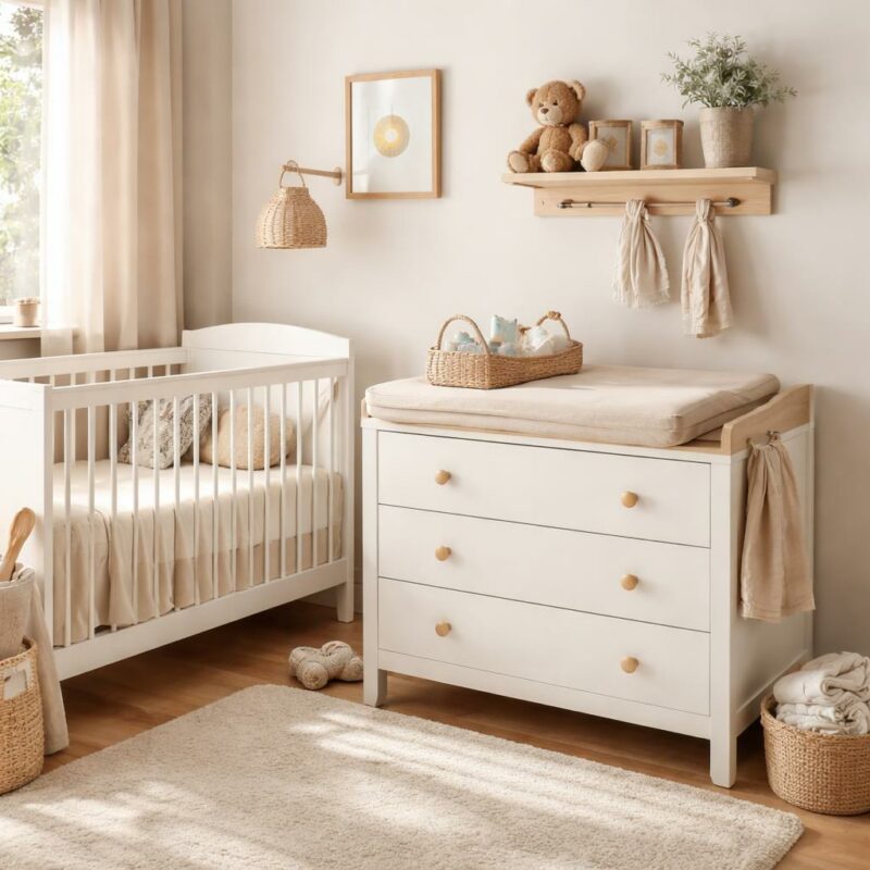 Commode blanche avec plan à langer dans une chambre bébé garçon décorée en beige et bois naturel