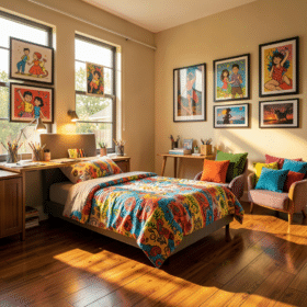 Chambre de grand garçon joliment aménagée avec lit en bois, coin lecture et déco douce tons naturels