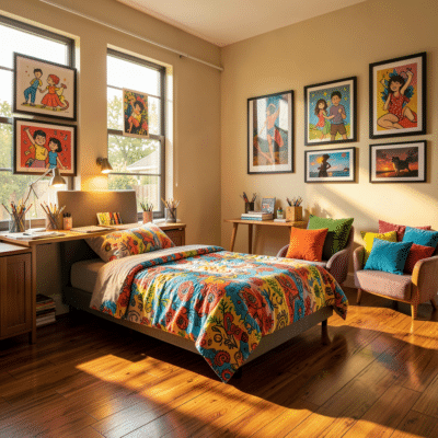 Chambre de grand garçon joliment aménagée avec lit en bois, coin lecture et déco douce tons naturels