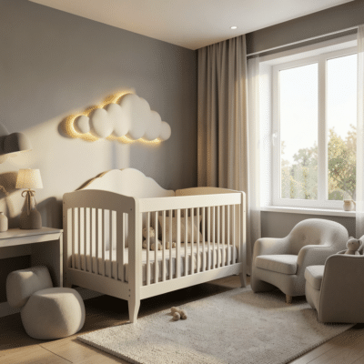 Une chambre bébé avec un mur de nuages en gris et blanc, créant une ambiance apaisante. #ChambreBebeDecoration