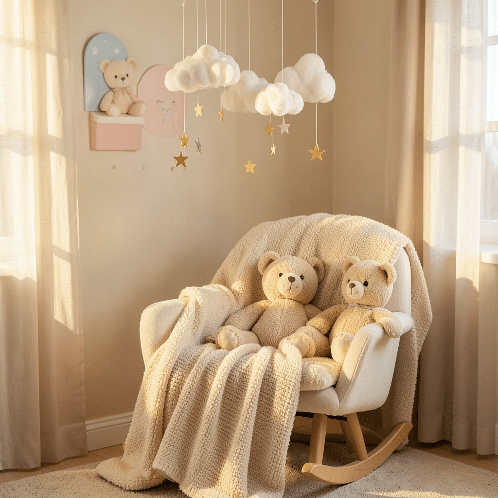 Coin nursery beige avec lit à barreaux blanc, tapis moelleux et guirlande lumineuse au mur