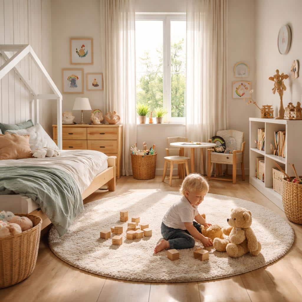 Coin lecture douillet dans une chambre enfant avec étagères basses, coussins colorés et livres accessibles