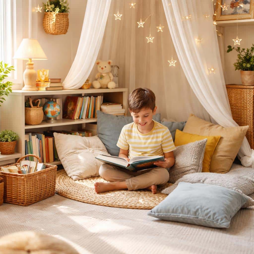 Pancarte en bois rustique 'Story Time' installée au-dessus d'un espace lecture enfant avec guirlande lumineuse et livres colorés