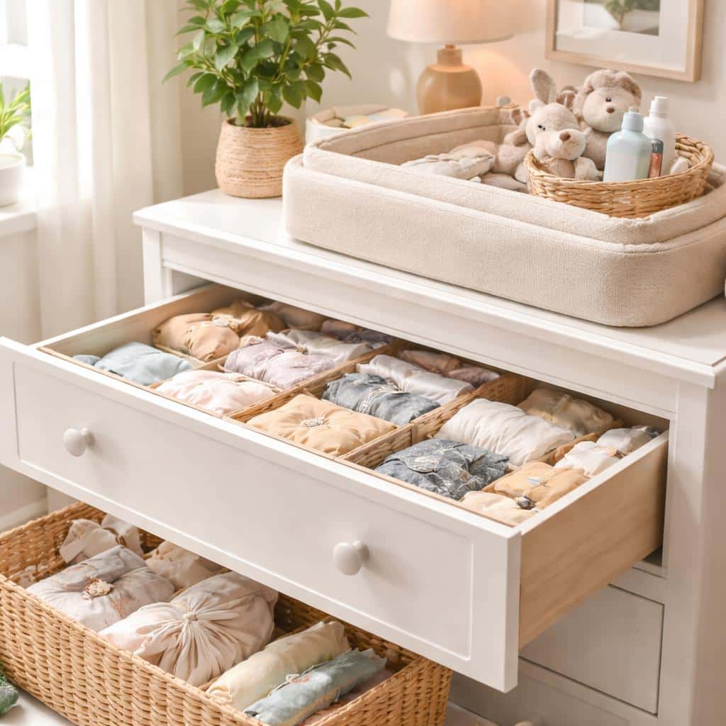 Tiroirs ouverts d'une commode bébé organisés avec des séparateurs et des vêtements pliés