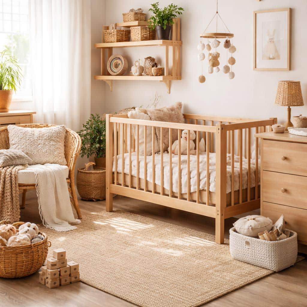 Maman arrangeant un coin lecture douillet avec coussins et guirlande lumineuse dans la chambre de son bébé