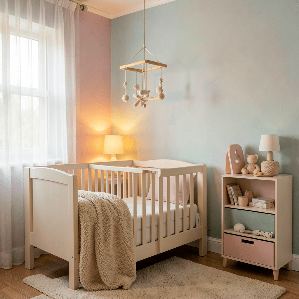 Un berceau blanc dans une chambre de bébé décorée avec des motifs doux en bois et tissu