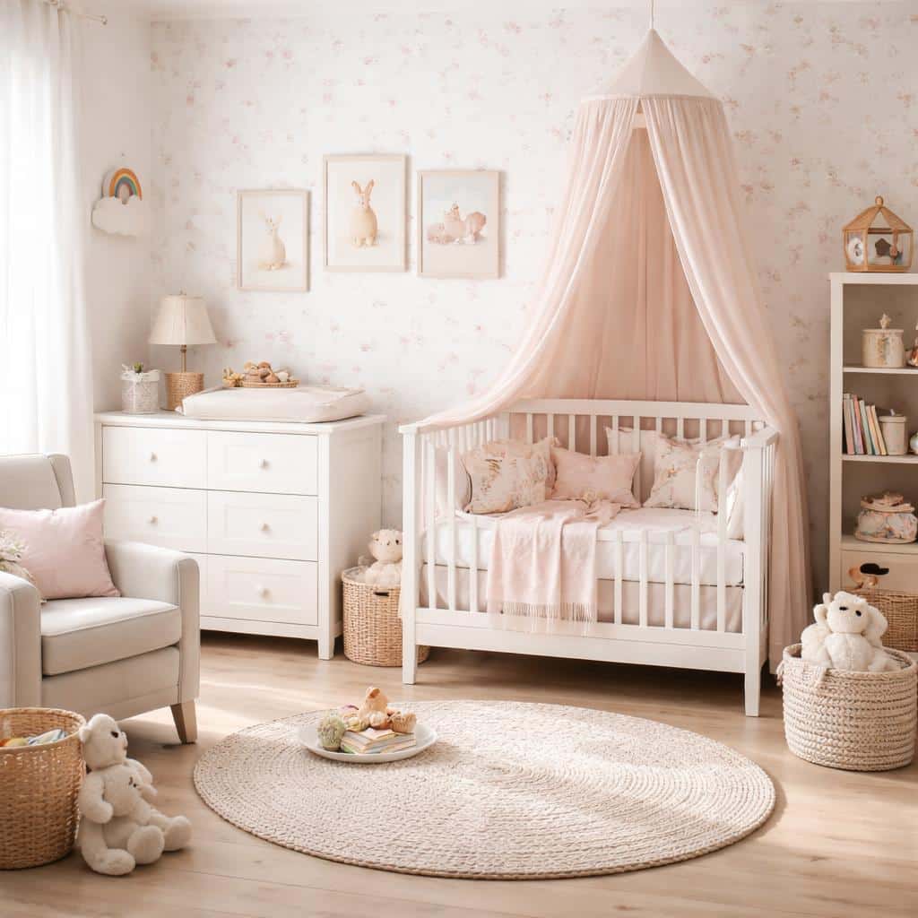 Mur de chambre bébé fille orné de stickers floraux pastel et d'étagères blanches avec des jouets en bois
