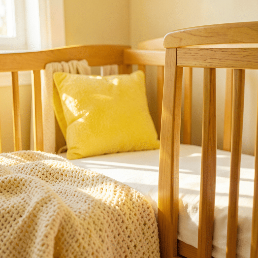Tableau mural en jaune pastel et accessoires en bois naturel dans une chambre bébé lumineuse
