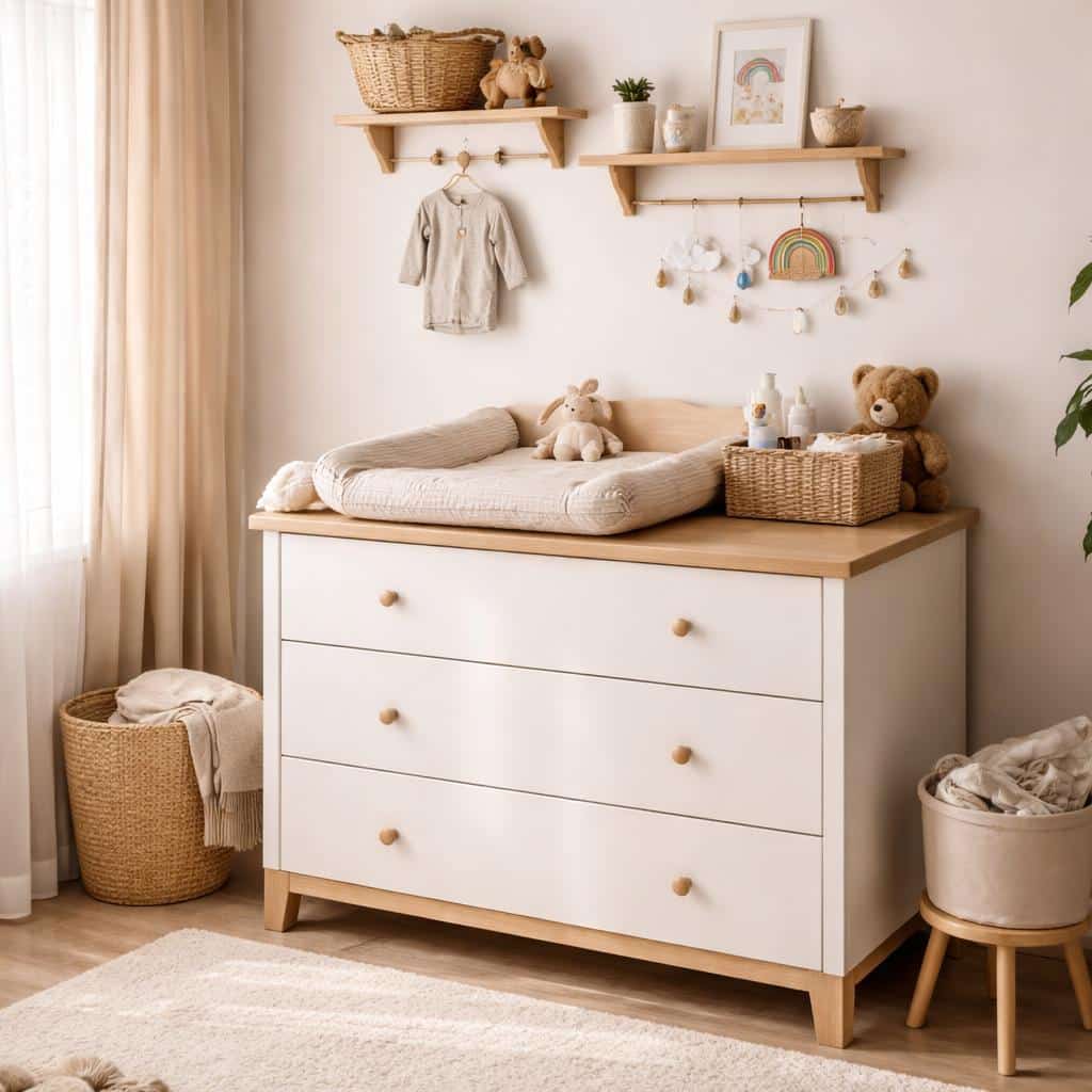 Coin change cosy avec commode en bois clair, accessoires beige et décoration ours pour chambre bébé garçon