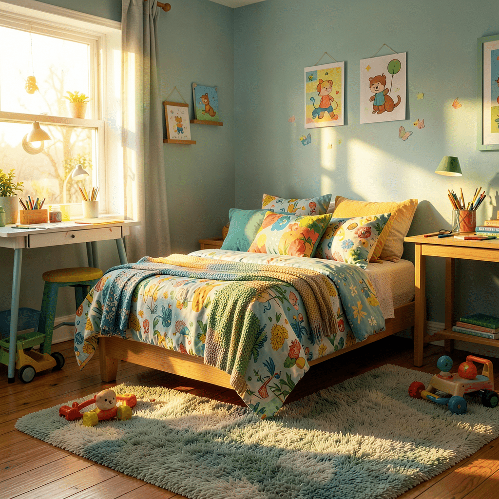 Détail déco chambre garçon avec rangements en bois et touches de couleur vert forêt