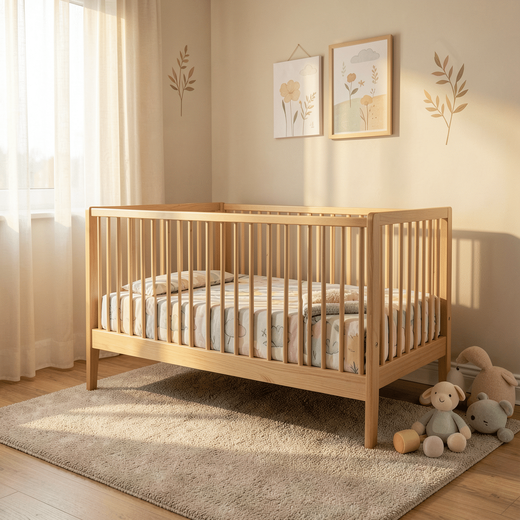Un lit bébé en bois naturel au centre de la chambre, entouré de meubles modernes. #DecoMuraleChambreBebe