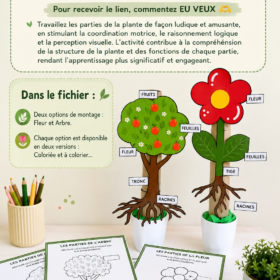Enfants s'amusant à apprendre les parties de la plante avec des jeux ludiques.