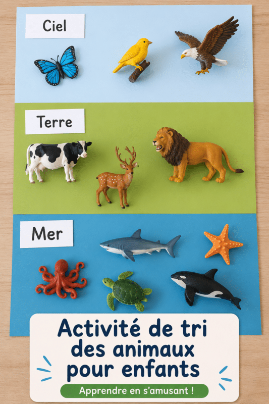 Enfants s'amusant à trier des figurines d'animaux colorés