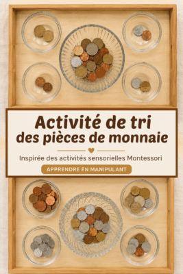 Une mère et son enfant s'amusent à trier des pièces de monnaie dans un environnement Montessori.