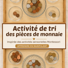 Une mère et son enfant s'amusent à trier des pièces de monnaie dans un environnement Montessori.