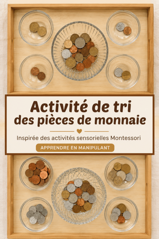 Une mère et son enfant s'amusent à trier des pièces de monnaie dans un environnement Montessori.