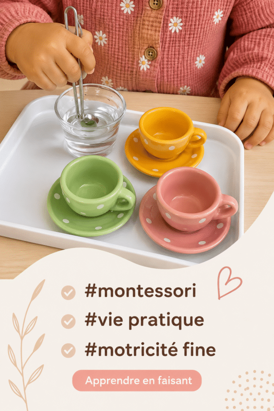 Un enfant s'amusant avec des matériaux Montessori sur une table, stimulant son apprentissage.