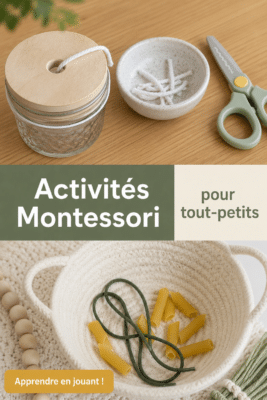 Un enfant de 3 ans joue avec des activités Montessori sur une table en bois.