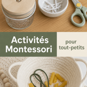Un enfant de 3 ans joue avec des activités Montessori sur une table en bois.