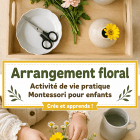 Un enfant créant un arrangement floral coloré avec des fleurs variées dans un environnement Montessori.