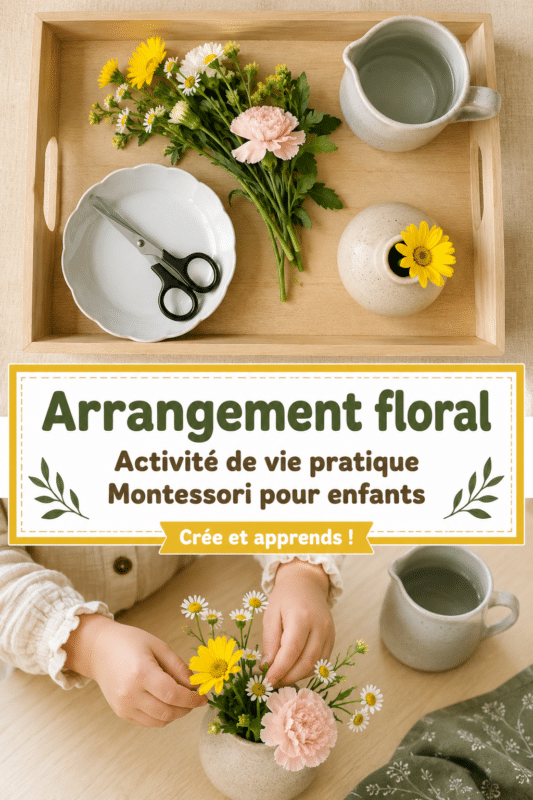 Un enfant créant un arrangement floral coloré avec des fleurs variées dans un environnement Montessori.
