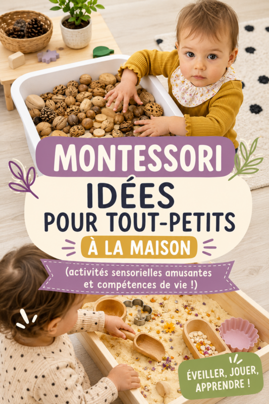 Enfant jouant avec des matériaux Montessori à domicile, explorant des activités sensorielles.
