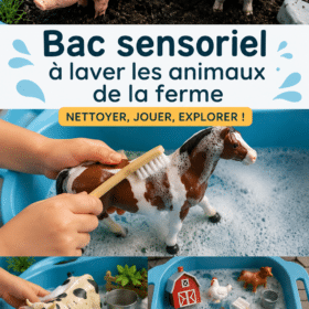 Bac sensoriel sur le thème de la ferme avec des animaux en plastique et des matériaux naturels.