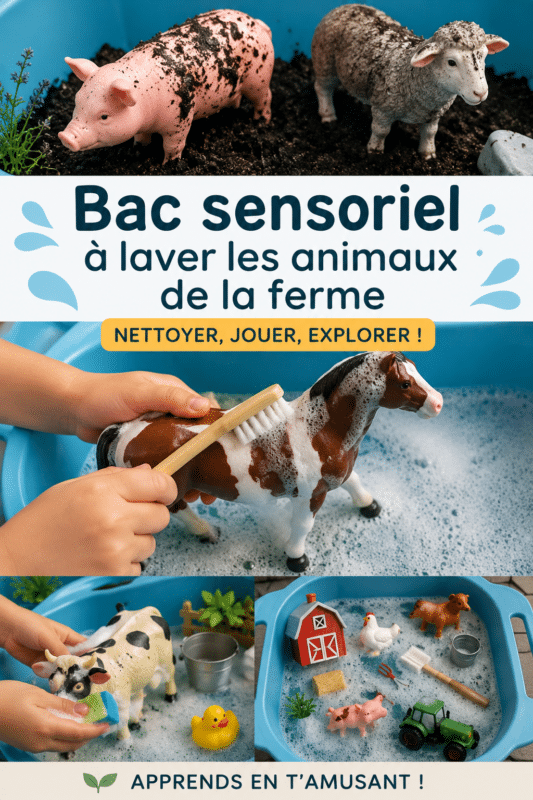 Bac sensoriel sur le thème de la ferme avec des animaux en plastique et des matériaux naturels.