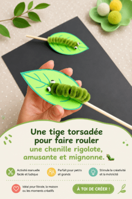 Une maman et son enfant créant une chenille colorée avec des matériaux simples, partageant un moment de complicité.