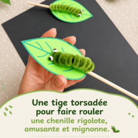 Une maman et son enfant créant une chenille colorée avec des matériaux simples, partageant un moment de complicité.