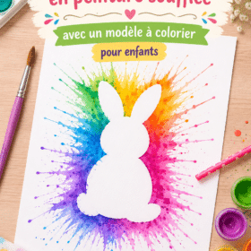 Un joli lapin de Pâques en papier fait main, décoré par des enfants.