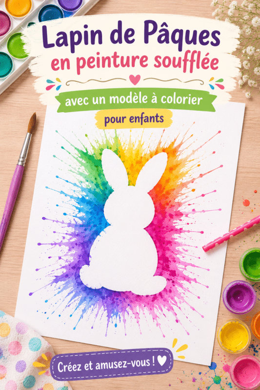 Un joli lapin de Pâques en papier fait main, décoré par des enfants.