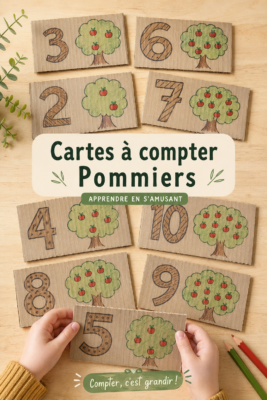 Un ensemble coloré de cartes à compter sur le thème des pommiers, idéales pour les enfants.