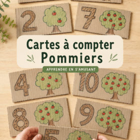 Un ensemble coloré de cartes à compter sur le thème des pommiers, idéales pour les enfants.