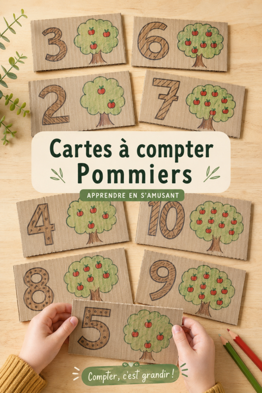 Un ensemble coloré de cartes à compter sur le thème des pommiers, idéales pour les enfants.