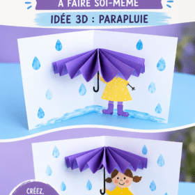 Un parapluie en papier coloré sur une carte postale faite maison