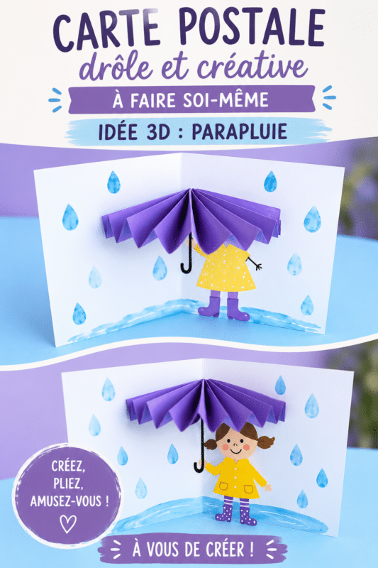 Un parapluie en papier coloré sur une carte postale faite maison